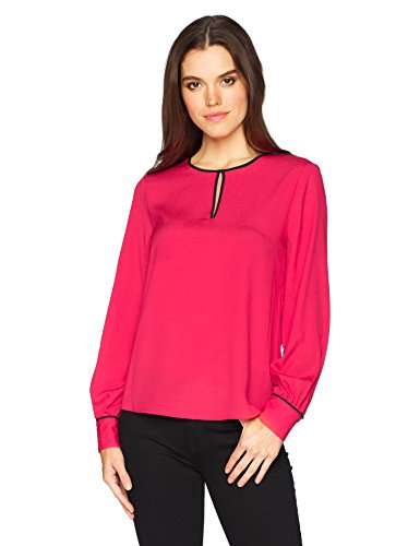 Calvin Klein Women's Long Sleeve Piped Top With Keyhole, Lipstick Black, XL